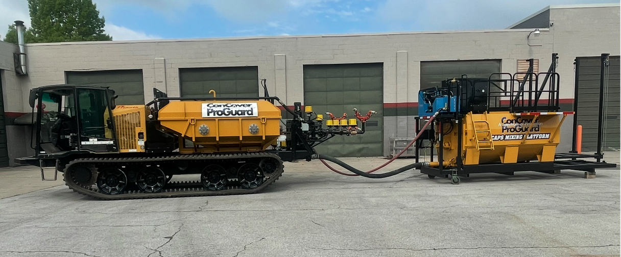 CAPS P8 tracked application vehicle connected to the 1,350-gallon mixing platform